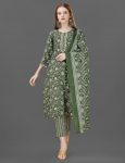 FASHIONABLE COTTON BLEND PRINT WORK TOP BOTTOM WITH DUPATTA GREEN