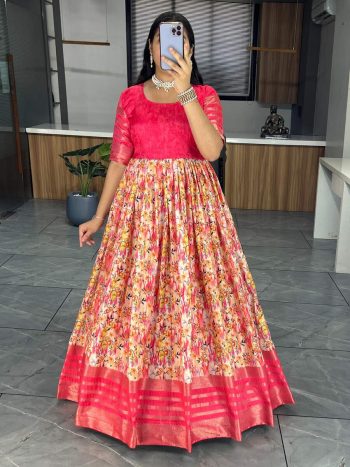 FASHIONABLE COTTON SILK FLORAL PRINT WITH WEAVING BORDER GOWN PINK