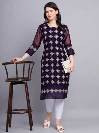 FASHIONABLE GEORGETTE CHICKENKARI WORK ONLY KURTI WINE