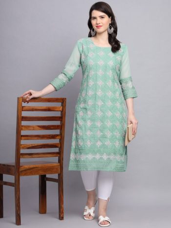 FASHIONABLE GEORGETTE CHICKENKARI WORK ONLY KURTI SEA GREEN