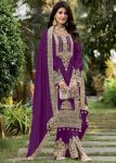 FASHIONABLE GEORGETTE CHINE STITCH SEQUENCE WORK TOP PALAZZO WITH DUPATTA WINE