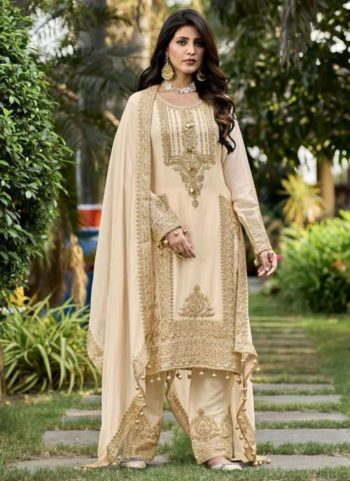 FASHIONABLE GEORGETTE CHINE STITCH SEQUENCE WORK TOP PALAZZO WITH DUPATTA CREAM