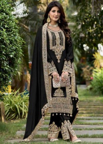 FASHIONABLE GEORGETTE CHINE STITCH SEQUENCE WORK TOP PALAZZO WITH DUPATTA BLACK