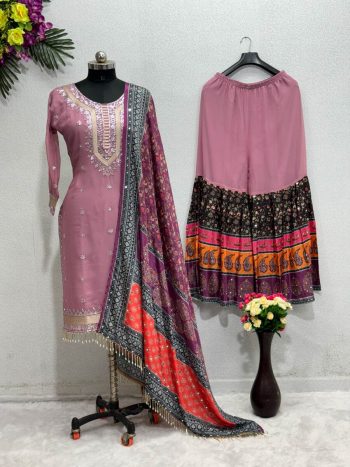 FASHIONABLE GEORGETTE CHINE STITCHED REAL MIRROR WORK TOP SHARARA WITH DUPATTA PINK