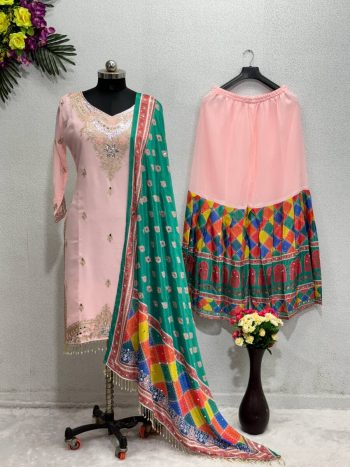 FASHIONABLE GEORGETTE CHINE STITCHED REAL MIRROR WORK TOP SHARARA WITH DUPATTA PEACH