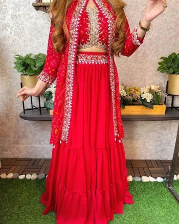 FASHIONABLE GEORGETTE EMBROIDERY SEQUENCE WORK LEHENGA CHOLI WITH KOTI RED