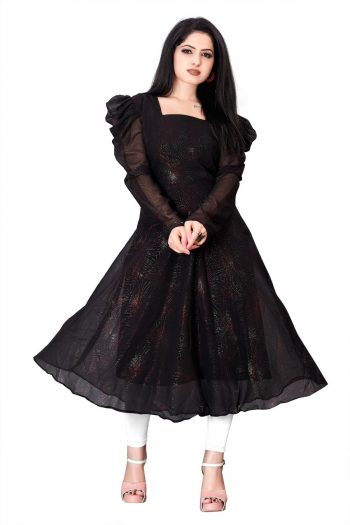 FASHIONABLE GEORGETTE FANCY SLEEVE ANARKALI GOWN BLACK