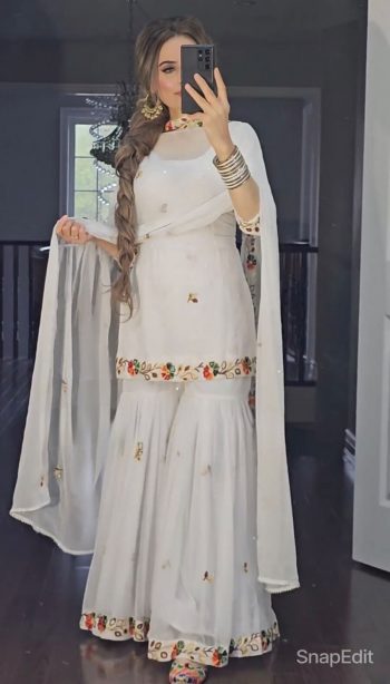 FASHIONABLE GEORGETTE MULTI EMBROIDERY DIAMOND WORK TOP SHARARA WITH DUPATTA  WHITE