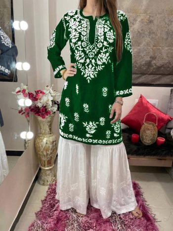 FASHIONABLE GEORGETTE WHITE THREAD EMBROIDERY WORK KURTI WITH PALAZZO GREEN