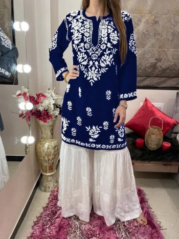FASHIONABLE GEORGETTE WHITE THREAD EMBROIDERY WORK KURTI WITH PALAZZO BLUE