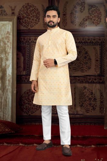 FASHIONABLE JACQUARD SILK WITH WORK READY TO WEAR KURTA WITH PAYJAMA CREAM