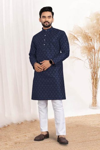 FASHIONABLE JACQUARD SILK WITH WORK READY TO WEAR KURTA WITH PAYJAMA NAVY BLUE