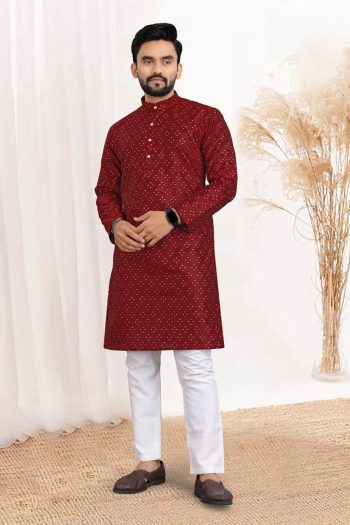 FASHIONABLE JACQUARD SILK WITH WORK READY TO WEAR KURTA WITH PAYJAMA MAROON
