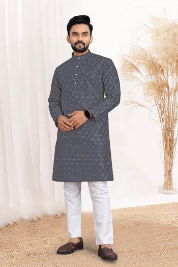 FASHIONABLE JACQUARD SILK WITH WORK READY TO WEAR KURTA WITH PAYJAMA GREY