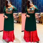 FASHIONABLE RAYON EMBROIDERY FOIL PRINTED KURTI WITH SHARARA GREEN