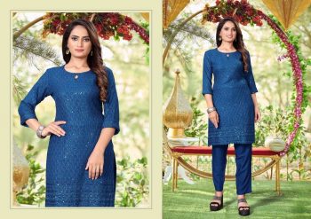 FASHIONABLE RAYON EMBROIDERY SEQUENCE THREAD WORK TOP PENT SET TEAL