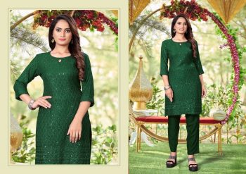 FASHIONABLE RAYON EMBROIDERY SEQUENCE THREAD WORK TOP PENT SET GREEN