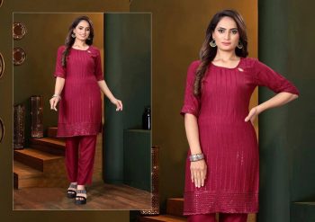 FASHIONABLE RAYON EMBROIDERY SEQUENCE THREAD WORK TOP PENT SET WINE