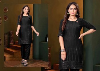 FASHIONABLE RAYON EMBROIDERY SEQUENCE THREAD WORK TOP PENT SET BLACK
