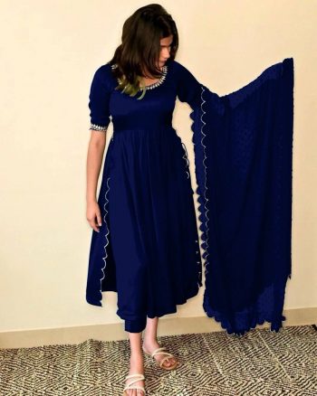 FASHIONABLE RAYON EMBROIDREY WORK TOP BOTTOM WITH DUPATTA NAVY BLUE
