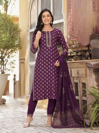 FASHIONABLE RAYON SILK FOIL PRINTED WORK TOP BOTTOM WITH DUPATTA WINE