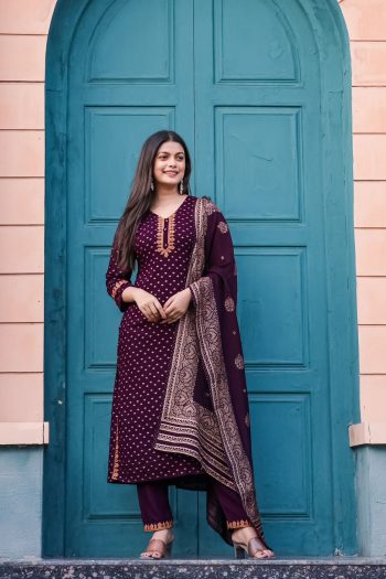 FASHIONABLE RAYON THREAD PRINTED TOP BOTTOM WITH DUPATTA WINE