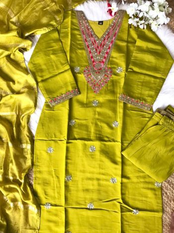 FASHIONABLE ROMAN SILK EMBORIDERY SEQUENCE WORK TOP BOTTOM WITH DUPATTA  LEMON