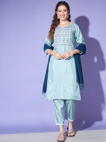 FASHIONABLE SOUTH SILK EMBROIDERY WORK KURTI PANT WITH DUPATTA SKY