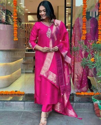 GORGEOUS CHANDERI SILK EMBROIDERY WORK TOP BOTTOM WITH DUPATTA PINK