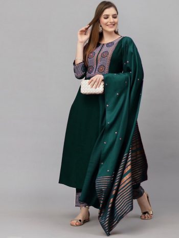 GORGEOUS HEAVY RAYON FOIL WORK TOP PANT WITH DUPATTA GREEN