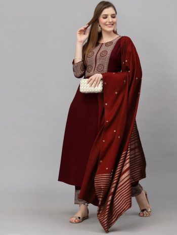 GORGEOUS HEAVY RAYON FOIL WORK TOP PANT WITH DUPATTA MARON