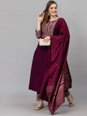 GORGEOUS HEAVY RAYON FOIL WORK TOP PANT WITH DUPATTA WINE