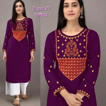 DESIGNER RAYON EMBROIDERY WORK KURTI WITH PALAZZO WINE
