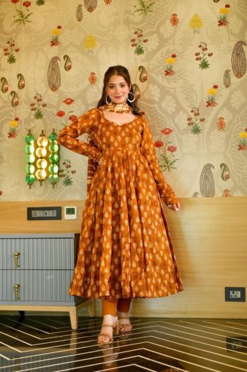 MUSTARD COLOUR PRINTED SATIN SILK FABRIC LONG GOWN BOTTOM+DUPATTA SET ORANGE