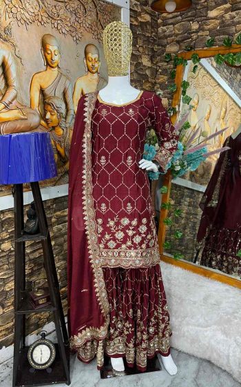 MOST PICKED CHINON SILK EMBROIDERY SEQUENCE WORK TOP SHARARA WITH DUPATTA MAROON