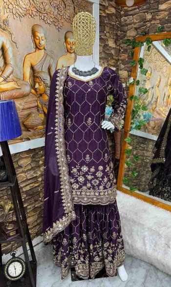 MOST PICKED CHINON SILK EMBROIDERY SEQUENCE WORK TOP SHARARA WITH DUPATTA WINE