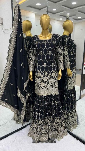 MOST PICKED CHINON SILK EMBROIDERY SEQUENCE WORK TOP SHARARA WITH DUPATTA BLACK