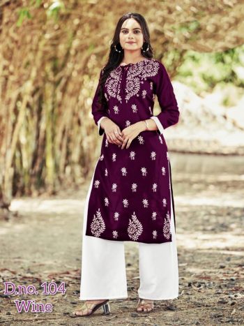 MOST PICKED RAYON CHIKANKARI EMBROIDERY WORK KURTI WITH PALAZZO WINE