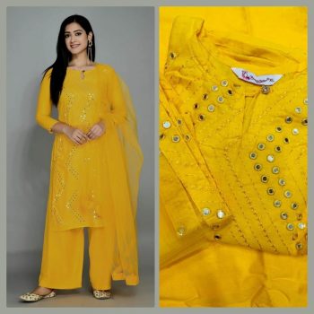 FANCY RAYON PAPER MIRROR EMBROIDERY WORK TOP PALAZZO WITH DUPATTA YELLOW