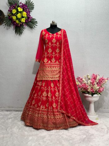 NEW ARRIVAL GEORGETTE CHINE STITCH FLAIRED TOP LEHENGA WITH DUPATTA RED