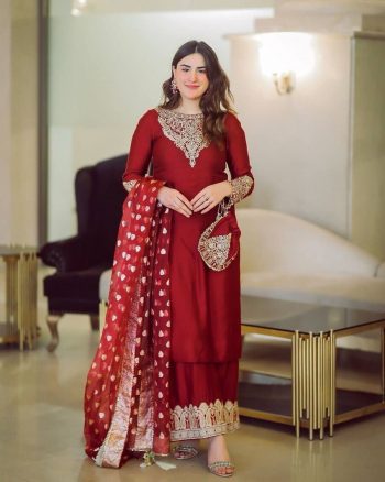 NEW ARRIVAL GEORGETTE EMBROIDERY LACE WORK TOP PALAZZO WITH DUPATTA MAROON
