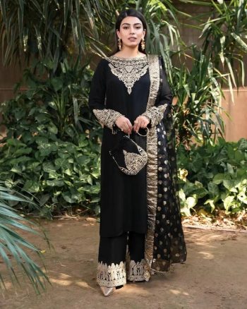 NEW ARRIVAL GEORGETTE EMBROIDERY LACE WORK TOP PALAZZO WITH DUPATTA BLACK