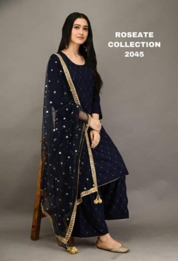 NEW ARRIVAL RAYON COTTON EMBROIDERY MIRROR WORK TOP PALAZZO WITH DUPATTA NAVY BLUE