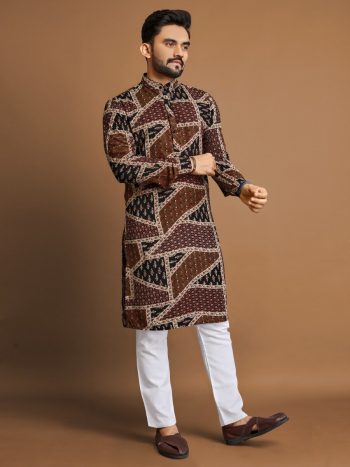 NEW ARRIVAL SOFT COTTON FOIL PRINTED MEN'S KURTA WITH PAYJAMA BROWN