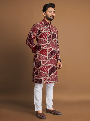 NEW ARRIVAL SOFT COTTON FOIL PRINTED MEN'S KURTA WITH PAYJAMA  MAROON