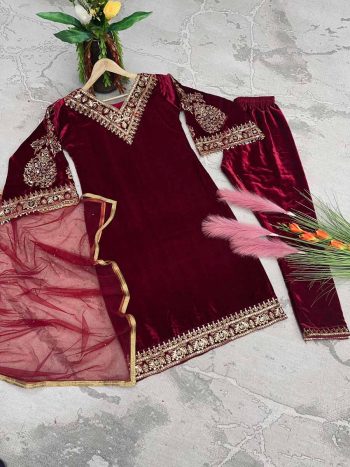 FANCY NEW DESIGNER TOP PANT SET WITH DUPATTA VISCOSE EMBROIDERY WORK MAROON