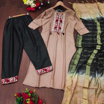 SIMPLE VISCOSE  DESIGNER REGULAR FIT TOP PANT SET WITH DUPATTA READY TO WEAR WHEAT