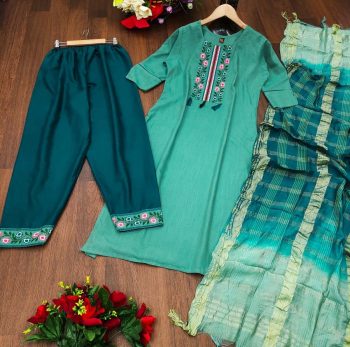 SIMPLE  VISCOSE   DESIGNER REGULAR FIT TOP PANT SET WITH DUPATTA READY TO WEAR SEA GREEN