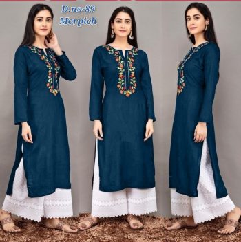 DESIGNER RAYON EMBROIDERY WORK KURTI WITH PALAZZO MORPEACH