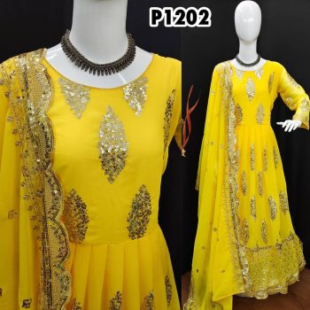 NEW DESIGNER GEORGETTE EMBROIDERY WORK GOWN BOTTOM WITH DUPATTA YELLOW